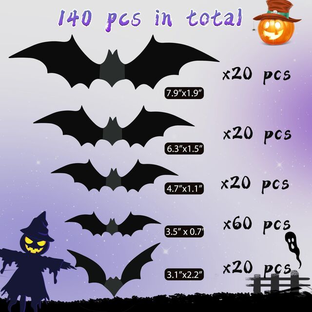 Halloween Partyzubehör Halloween Dekorationen Fledermäuse Wanddeko 140PCS Realistische PVC 3D Schwarze Gruselige Fledermaus Aufkleber für Gruselige Heimdeko for sale at factory direct price