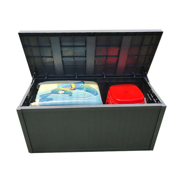Armário de armazenamento de PP para jardim, caixa de armazenamento flip para uso doméstico, armário de armazenamento externo resistente à chuva e ao sol