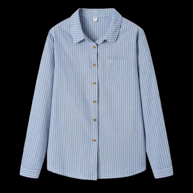 Blusa Casual Feminina Listrada Azul com Gola Turn, Tops Vintage Tecidos para Primavera, Verão, Outono, Peça Respirável Tingida, Caimento Regular for sale at factory direct price