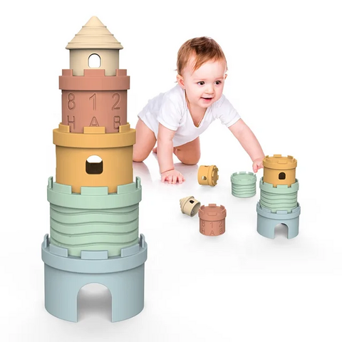 Blocos de Construção Macios de Silicone em Formato de Castelo para Dentição - Brinquedos de Empilhar para Bebês