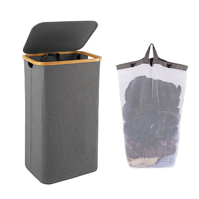 Panier à Linge Pliable en Bambou de 100L avec Sac en Maille Amovible et Couvercle for sale at factory direct price