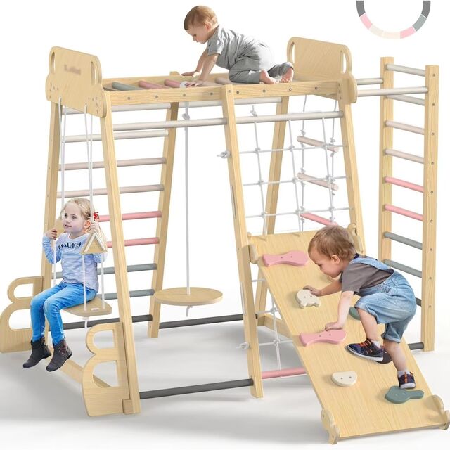 Parque Infantil Interior de Madera para Niños, Estructura de Escalada Fitness con Columpio y Tobogán, Juego de Juguetes Interior for sale at factory direct price