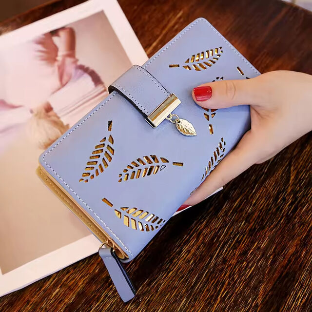 Carteiras Longas Femininas Estilo Coreano com Design de Folhas Vazadas, Carteira de Couro 2026, Bolsa para Celular, Bolsa para Impressão