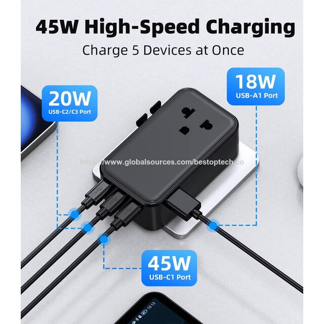 Adaptador de Viaje Universal Ahorra Espacio 45W GaN PD USB con Enchufe Intercambiable Inteligente, 2 USB-A y 2 Tipo-C para Uso en EE. UU. for sale at factory direct price