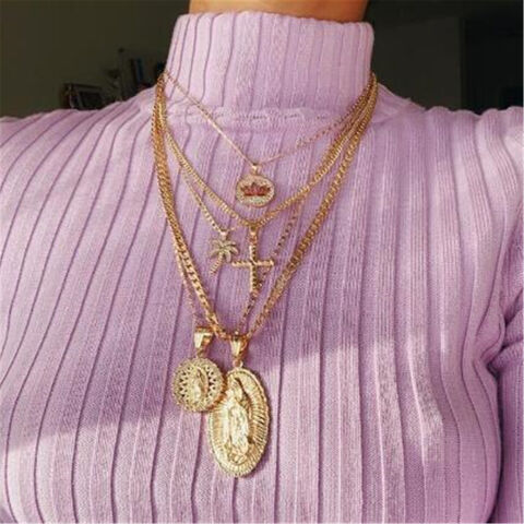 Kalung Liontin Emas Multi Layer Wanita, Rantai Logam Fashion Vintage dengan Hati, Salib, Koin for sale at factory direct price
