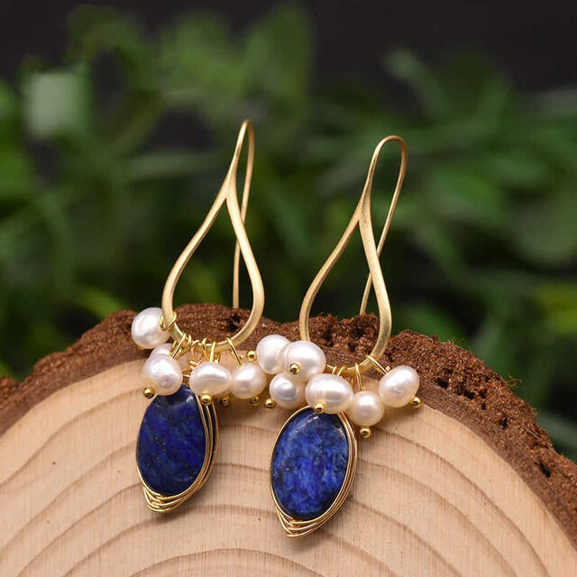 Boucles d'oreilles pendantes pour femmes en lapis-lazuli et perle de South Sea