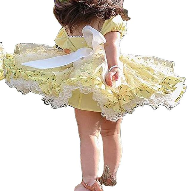 Vestidos de Princesa para Fiesta de Bebé Niña Recién Nacida, Multicapa con Estampado Amarillo
