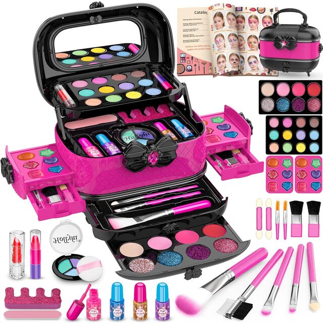 Beliebte Wahl 58-teiliges Waschbares Mädchen-Make-up-Set, Prinzessinnen-Kosmetik-Kit mit Spiegel, Verkleidungsspielzeug als Geburtstagsgeschenk für Kinder