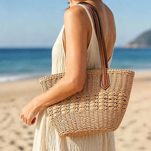 Sac Cabas en Paille Tissé pour Plage Femme, Grand Sac à Bandoulière Boho pour Vacances d'Été