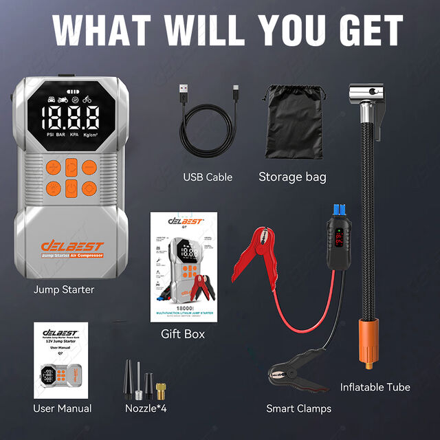 DELBEST Q7 18000mAh Car Jump Starter With Air Compressor 1400A Peak 150PSI Tire Inflator For All Gas 6.0L Diesel Car for sale at factory direct price