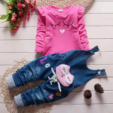 Ropa para niñas al por mayor: Camiseta de manga larga, pantalones de mezclilla, estilo casual, cómoda, diseño de dibujos animados, moda infantil para boutique