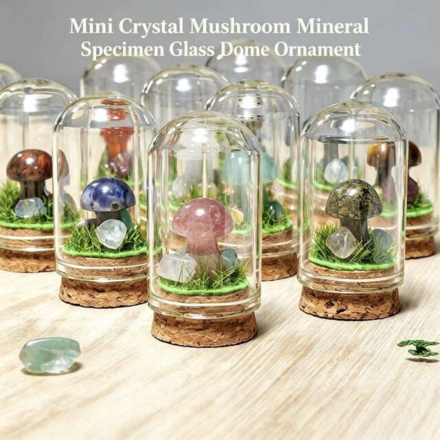 Ornamen Mini Jamur Kristal Alami Ukir 5.5x3cm di Bawah Kubah Kaca - Hadiah Jamur Kristal Mini untuk Pecinta Kristal, Dekorasi Batu Penyembuh for sale at factory direct price