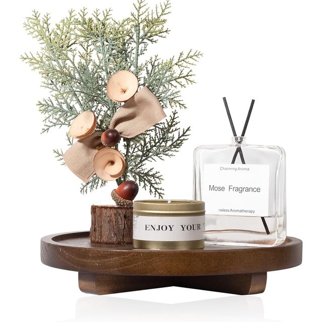 Nampan Dekoratif Bulat Kayu, Peninggi Organizer Gaya Farmhouse untuk Meja Dapur Kamar Mandi untuk Tatakan Sabun, Parfum, Lilin for sale at factory direct price