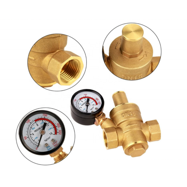 Adjustable Brass Water Pressure Regulator With Built-In Gauge