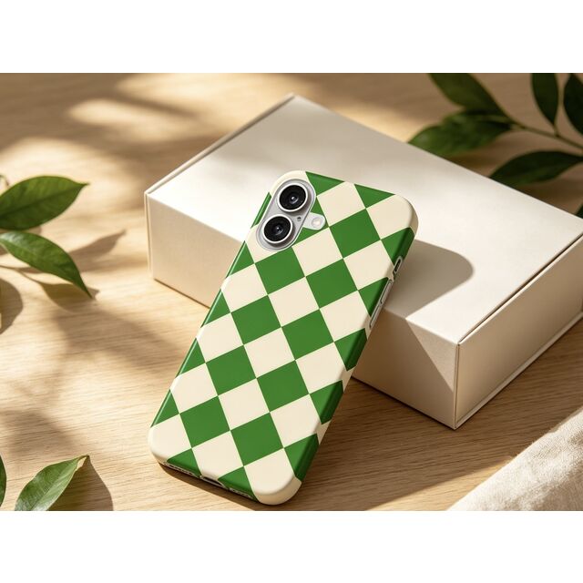 Magnetic Wireless Charging Phone Case, Trendy Green & White Checkered Pattern, Dual-Layer Hybrid TPU+PC Shockproof Cover with Rais for sale at factory direct price