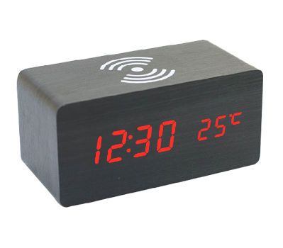 Wooden wireless phone charger alarm clock,with temperature display ...