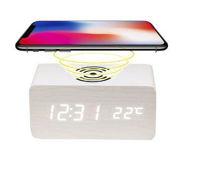 Wooden wireless phone charger alarm clock,with temperature display ...
