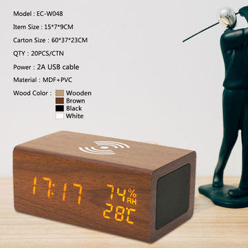 Reloj Despertador Con Cargador Inalámbrico Negro Pvc Madera Mdf 15