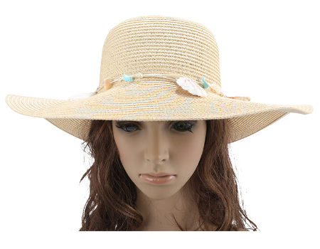Oval Shell Beaded Natural 2-tone Floppy Wide Brim Woven Straw Summer Sun HAT 