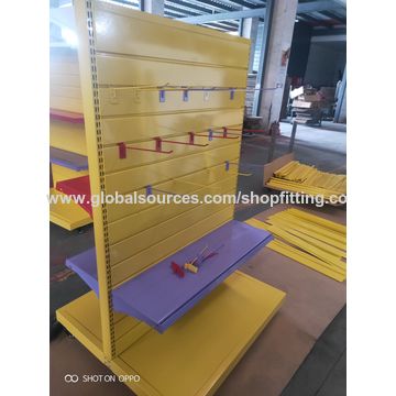 Shelf Slot Panel ChinaSupermarket shelf, colorful, slot back panel,with wheels at bottom ...