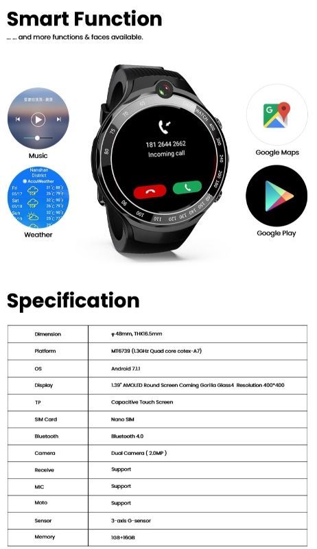 China 4G Android Smart Watch With Dual Cameras Round Alloy Case and Silicone Bracelet