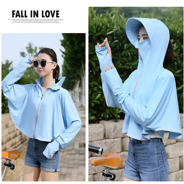 Summer Womens Sun Protection Clothing Light and Breathable Beach Ice Silk  Hooded 