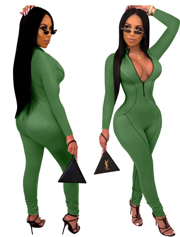 Hot Sale Women¡¯s Bodycon Long Sleeves Solid Color Zipper Jumpsuit Romper Fall