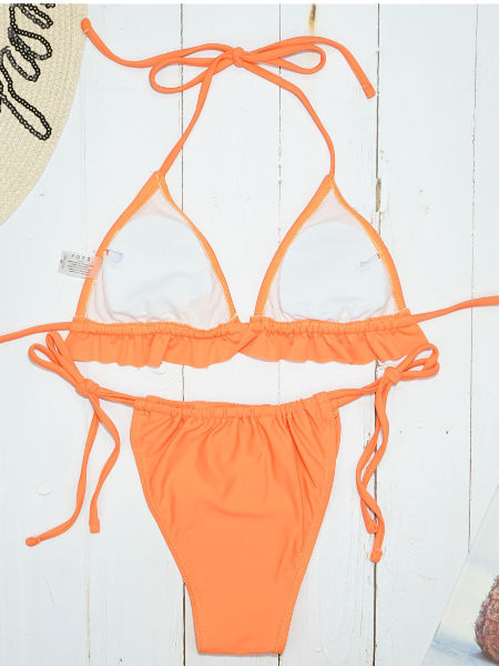 Light Blue Striped Seersucker Ruffle Trim 2 Piece Triangle Bikini Set