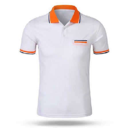 white t shirt with orange collar