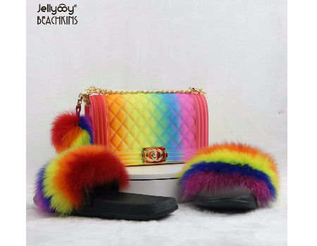 fur slides and purse set