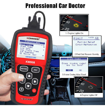 Carrfan OBDII/EOBD Cars Code Reader y Auto Scanner Detection Decoder KW808