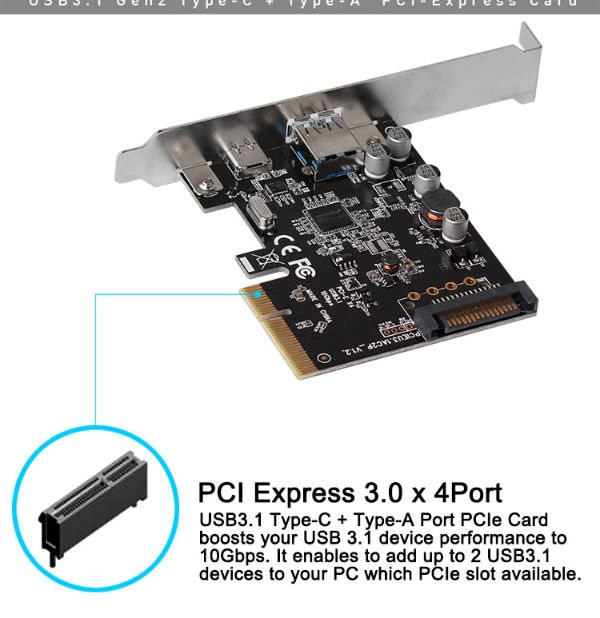 PCI Express to USB 3.1 Gen2 TypeC+USB 3.0 TypeA Host Controller Card