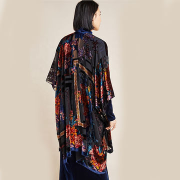 Cárdigan de seda negro largo estampado flor abierta frontal talla grande terciopelo burnout mujer kimono