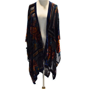 Cárdigan de seda negro largo estampado flor abierta frontal talla grande terciopelo burnout mujer kimono