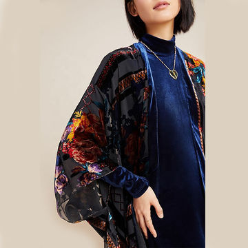 Cárdigan de seda negro largo estampado flor abierta frontal talla grande terciopelo burnout mujer kimono