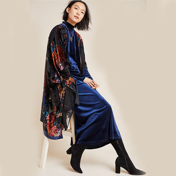 Cárdigan de seda negro largo estampado flor abierta frontal talla grande terciopelo burnout mujer kimono