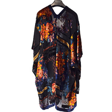 Cárdigan de seda negro largo estampado flor abierta frontal talla grande terciopelo burnout mujer kimono