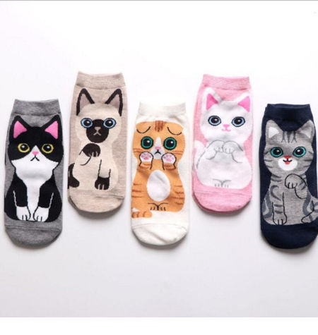 1Pair Women Girls Cute Cats Cartoon Animal Pattern Cotton Crew Floor Socks DO