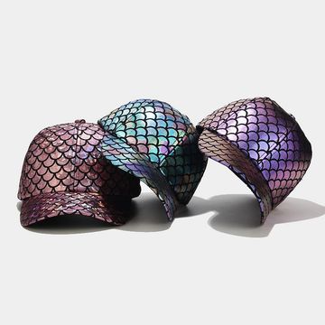 Gorra de béisbol colorida, sombrero holográfico de hip hop con estampado de básculas de pescado