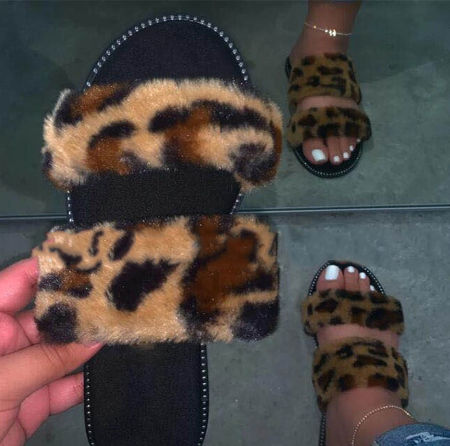 fluffy leopard slides