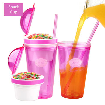 Vaso de bocadillos 2 en 1 con pajita, taza de bocadillos a prueba de fugas,  bocadillo reutilizable y taza de bebida para adultos, niños
