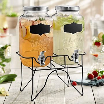 Dual 1.5 Gallon Glass Beverage Dispensers with Decorative Metal Stand, Stainless