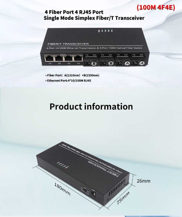4F4E 10/100M Fast Ethernet switch 20KM Fiber Optical Media Converter Single  Mode 4*RJ45
