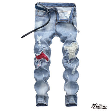Billions Men Stretch Denim Fashion Patch Jeans Damaged Jeans