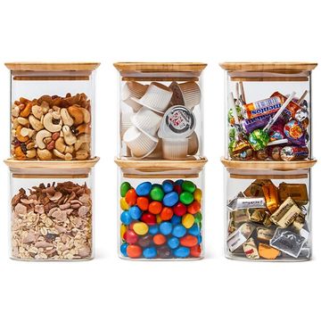 Glass Square Food Storage Container with Airtight Bamboo Lid, Stackable Kitchen Pantry Clear Canisters for Cookie, Candy, Sugar, Coffee Bean, Pasta