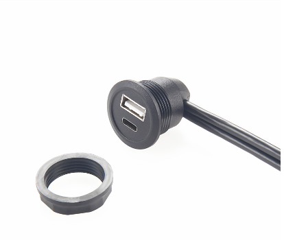 Dual USB A Female to A Male Panel Mount Snap In Cable, 