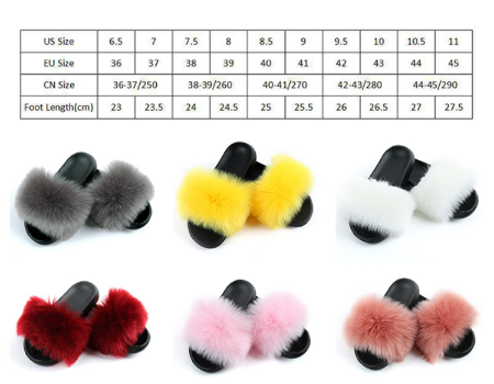 Black Fox Fur Slides With Red Stripe, Fur Slippers, Fluffy Slides