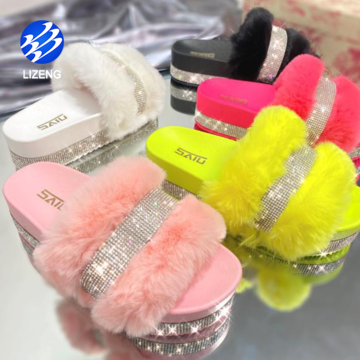 Pink Women's Diamond Bling Slides Fuzzy Furry Slippers Comfort