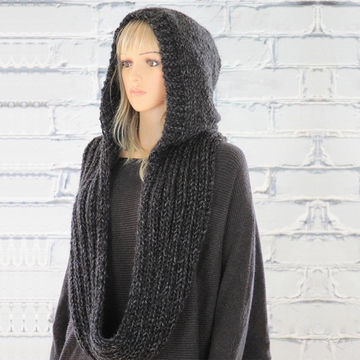 Winter Soft Pullover Knit Infinity Scarf Beanie Hoodie Scarf