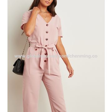 Button Front Tie Front Jumpsuit, Casual Short Sleeve Jumpsuit For Spring &  Summer, Women's Clothing